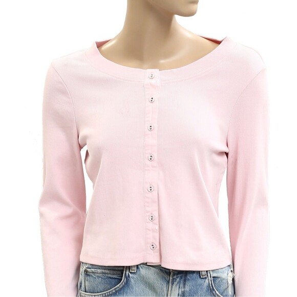 Free People Free-Est Ribbed Blouse Top Buttondown Boat Neck Pink M NWD 281437 - Picture 2 of 7